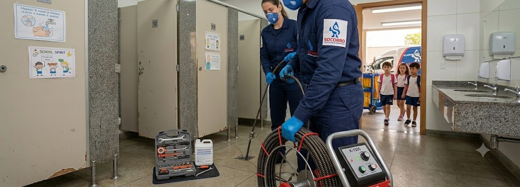 Profissional realizando Desentupimento e Manutenção Preventiva para Escolas, Colégios e Creches em Balneário Barra do Sul